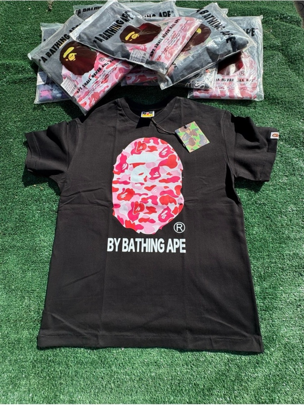 Bape Black Tee with Pink Camo Ape Head Graphic